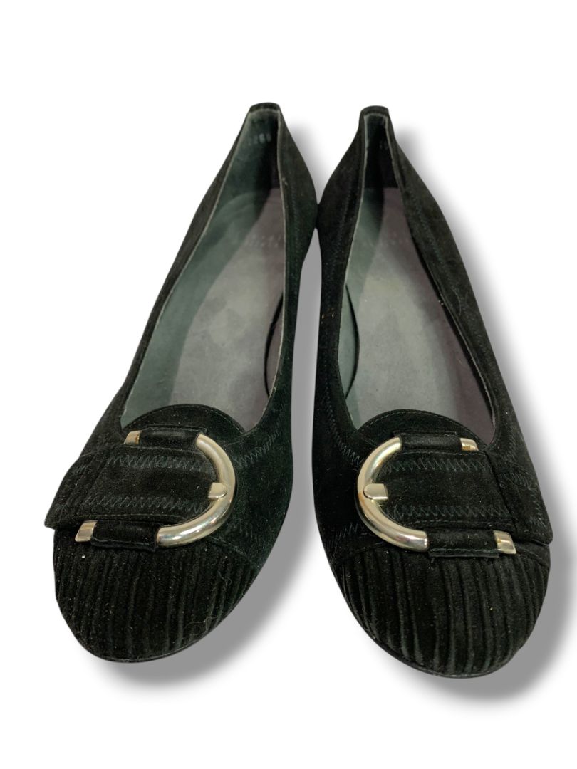 Size 10 Stuart Weitzman Womens Black Suede Wedge Heel Silvertone Buckle Design