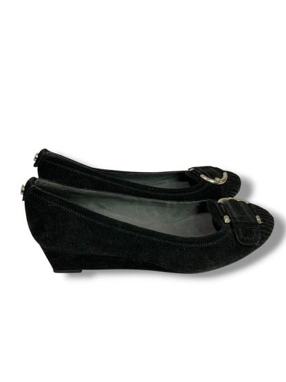 Size 10 Stuart Weitzman Womens Black Suede Wedge Heel Silvertone Buckle Design