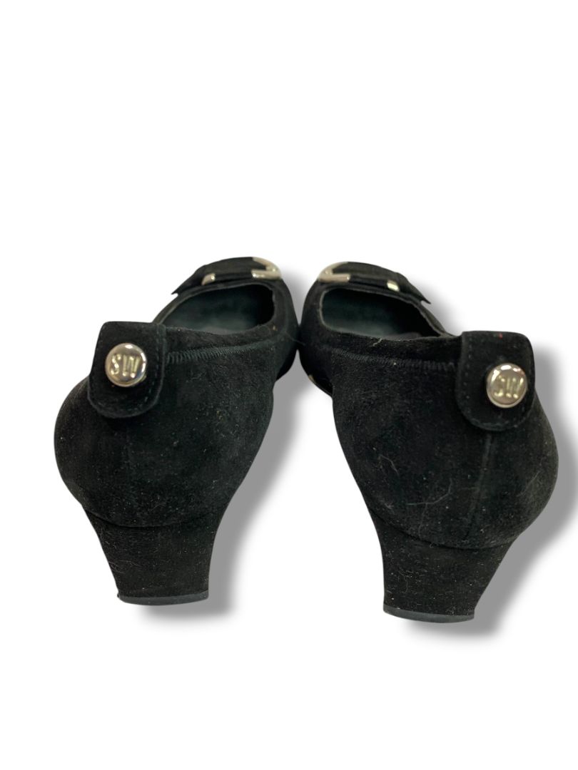 Size 10 Stuart Weitzman Womens Black Suede Wedge Heel Silvertone Buckle Design