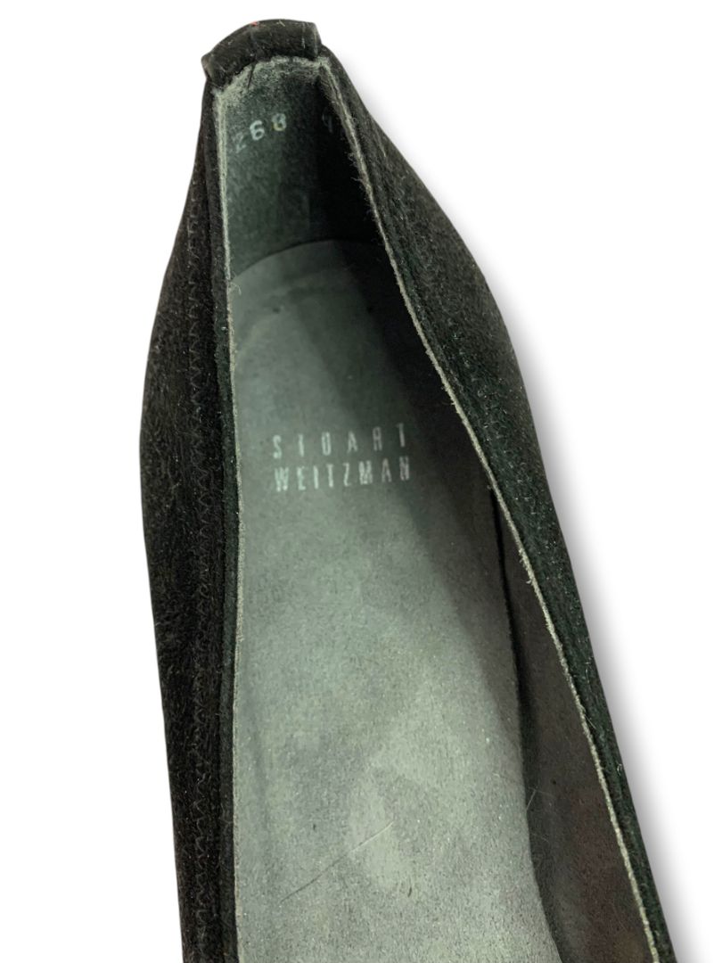 Size 10 Stuart Weitzman Womens Black Suede Wedge Heel Silvertone Buckle Design