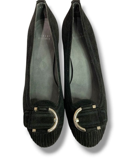 Size 10 Stuart Weitzman Womens Black Suede Wedge Heel Silvertone Buckle Design