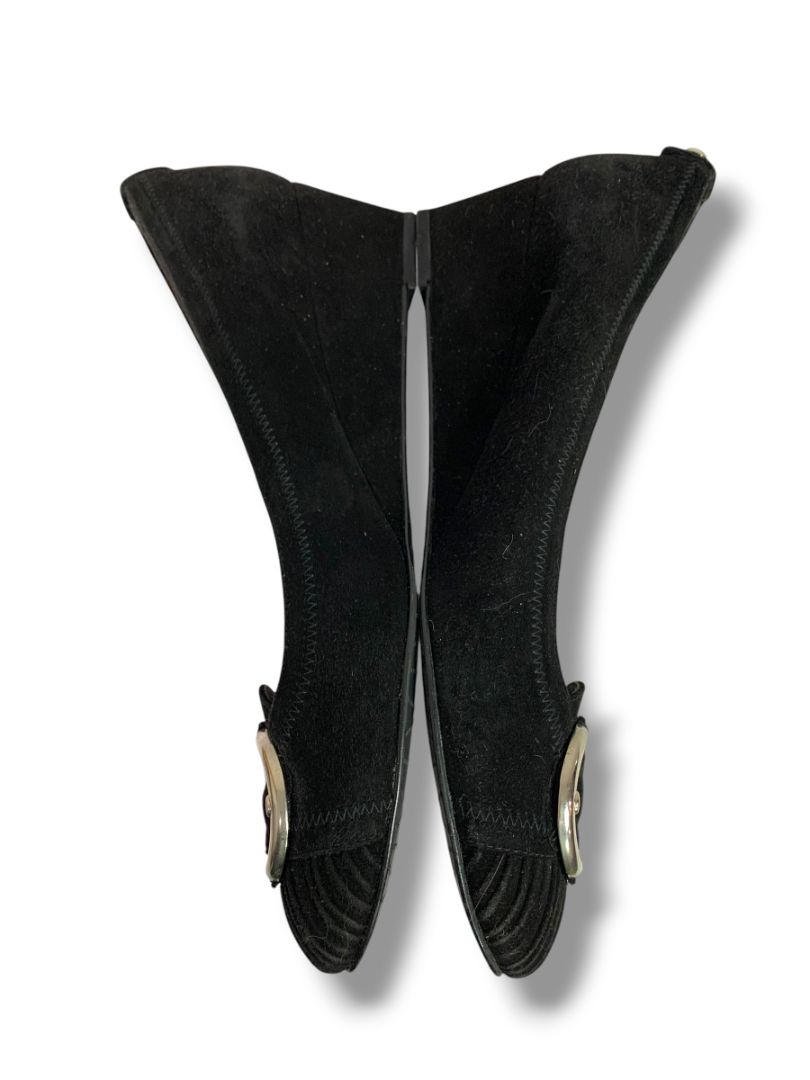 Size 10 Stuart Weitzman Womens Black Suede Wedge Heel Silvertone Buckle Design