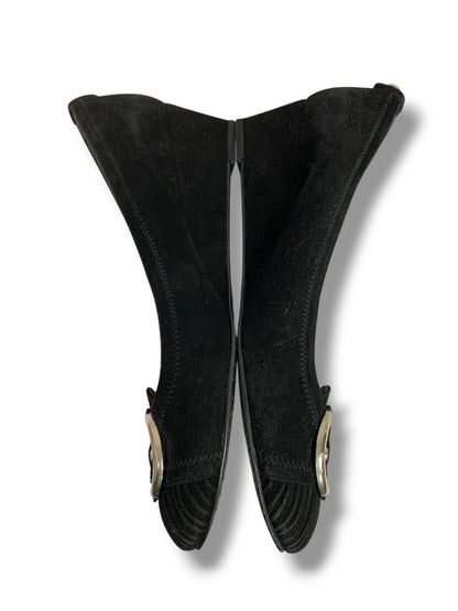 Size 10 Stuart Weitzman Womens Black Suede Wedge Heel Silvertone Buckle Design