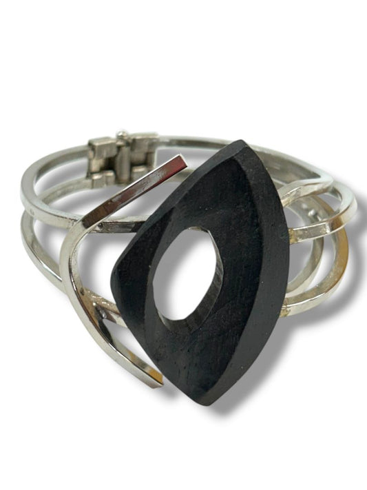 Hinged Silvertone Bangle Bracelet Black Acrylic Statement Piece 2.3" Inside Diameter Mod Retro
