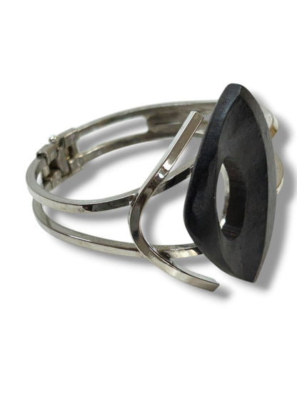 Hinged Silvertone Bangle Bracelet Black Acrylic Statement Piece 2.3" Inside Diameter Mod Retro
