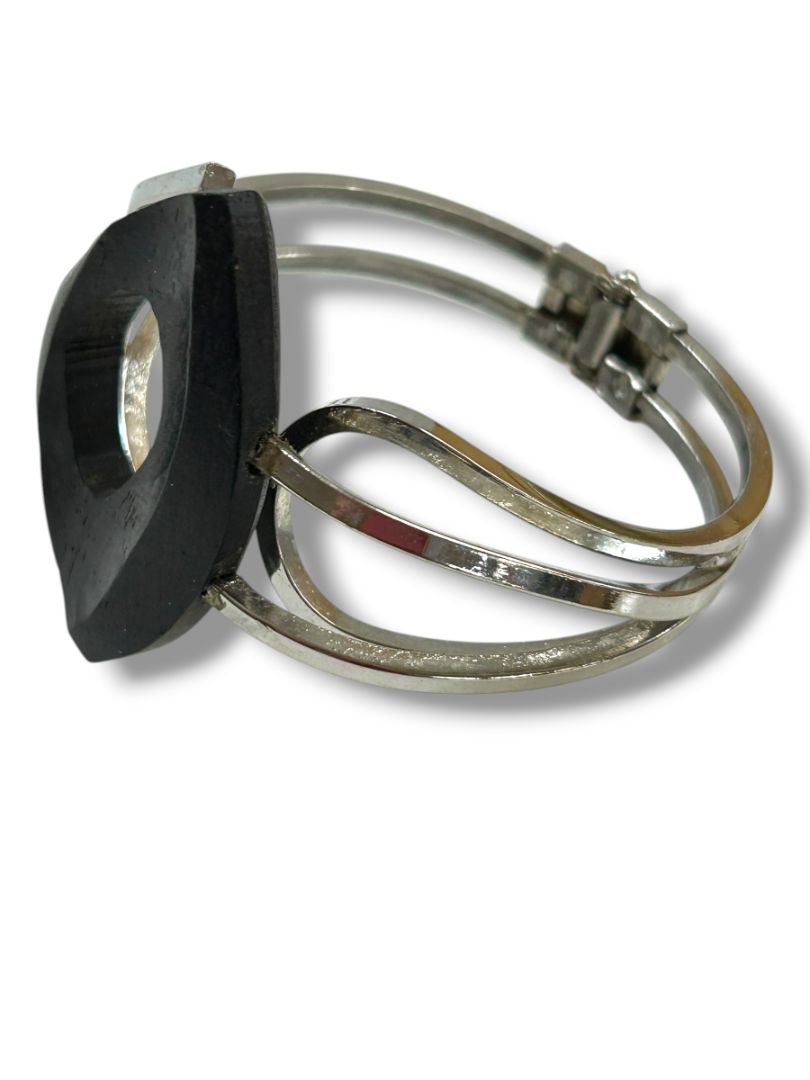 Hinged Silvertone Bangle Bracelet Black Acrylic Statement Piece 2.3" Inside Diameter Mod Retro