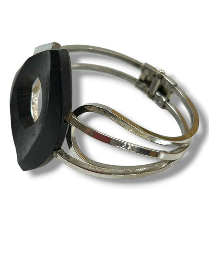 Hinged Silvertone Bangle Bracelet Black Acrylic Statement Piece 2.3" Inside Diameter Mod Retro