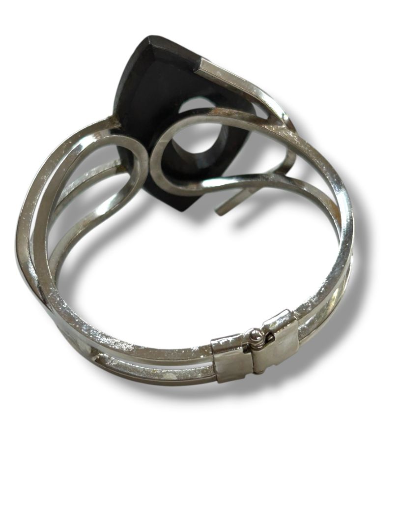 Hinged Silvertone Bangle Bracelet Black Acrylic Statement Piece 2.3" Inside Diameter Mod Retro