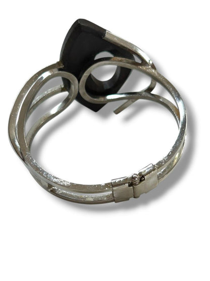Hinged Silvertone Bangle Bracelet Black Acrylic Statement Piece 2.3" Inside Diameter Mod Retro