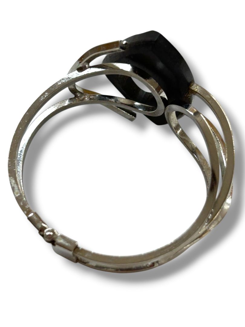 Hinged Silvertone Bangle Bracelet Black Acrylic Statement Piece 2.3" Inside Diameter Mod Retro