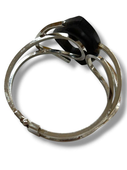 Hinged Silvertone Bangle Bracelet Black Acrylic Statement Piece 2.3" Inside Diameter Mod Retro