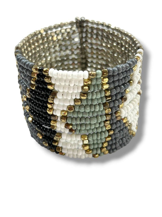 Beaded Cuff Bracelet Adjustable Goldtone Gray Silvertone Green 2" Wide