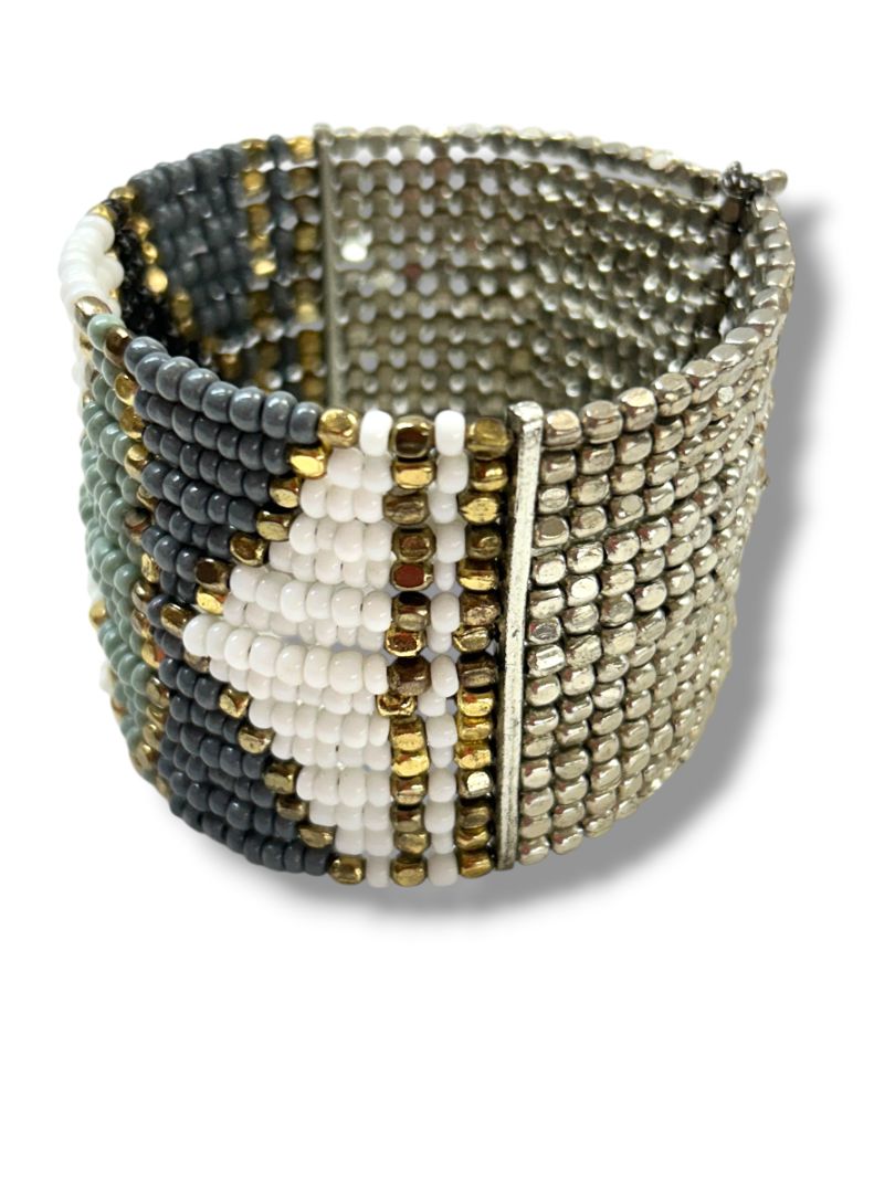 Beaded Cuff Bracelet Adjustable Goldtone Gray Silvertone Green 2" Wide