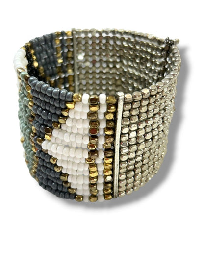 Beaded Cuff Bracelet Adjustable Goldtone Gray Silvertone Green 2" Wide
