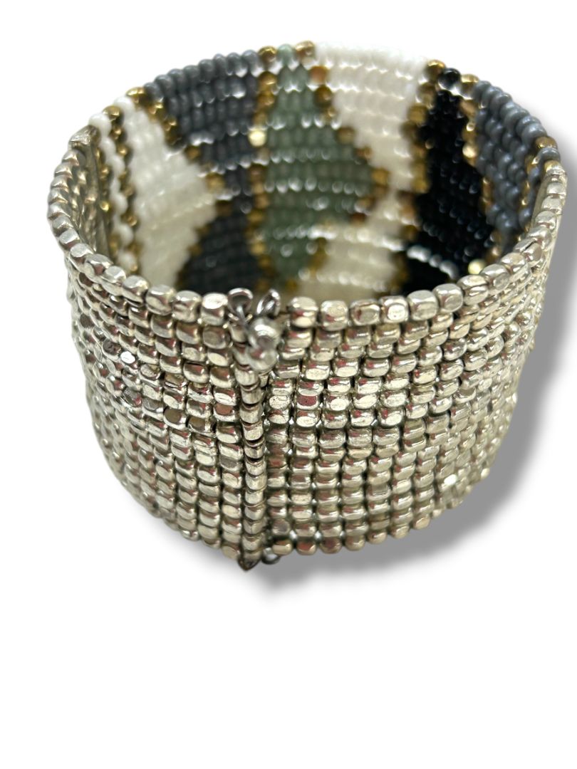 Beaded Cuff Bracelet Adjustable Goldtone Gray Silvertone Green 2" Wide