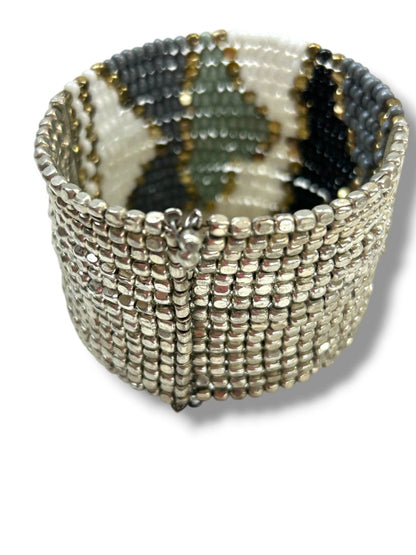 Beaded Cuff Bracelet Adjustable Goldtone Gray Silvertone Green 2" Wide