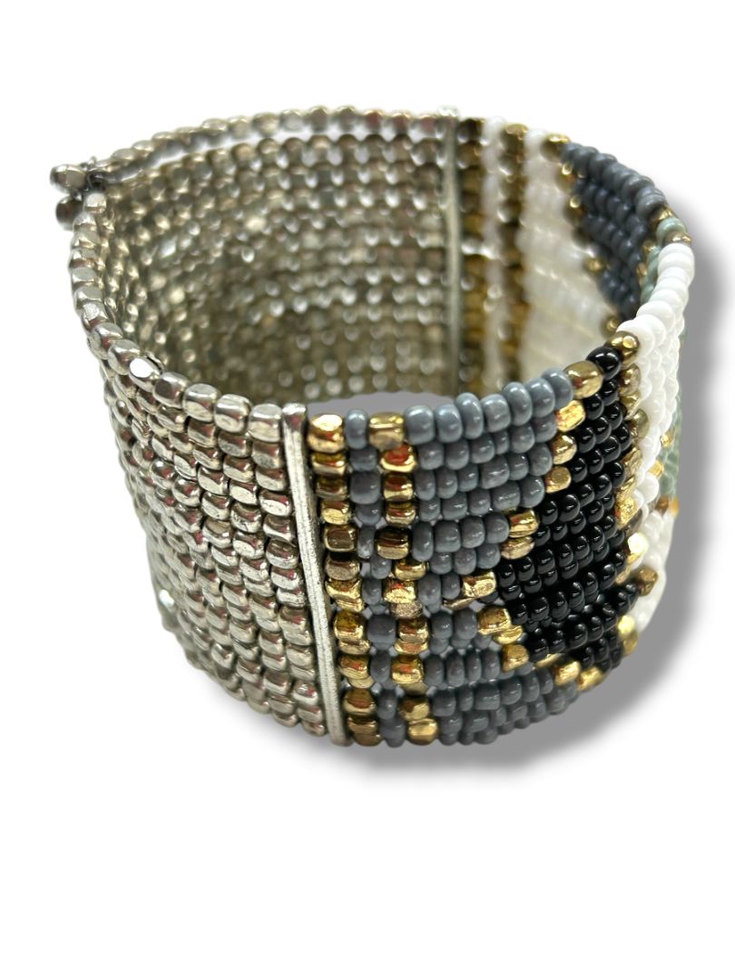 Beaded Cuff Bracelet Adjustable Goldtone Gray Silvertone Green 2" Wide