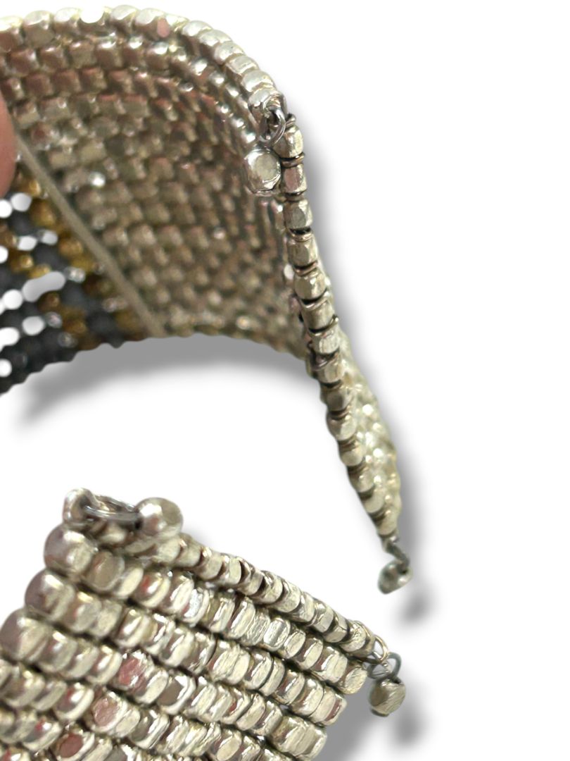 Beaded Cuff Bracelet Adjustable Goldtone Gray Silvertone Green 2" Wide