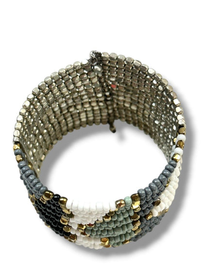 Beaded Cuff Bracelet Adjustable Goldtone Gray Silvertone Green 2" Wide