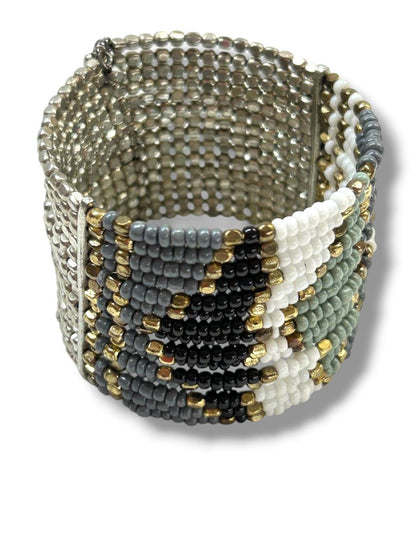 Beaded Cuff Bracelet Adjustable Goldtone Gray Silvertone Green 2" Wide
