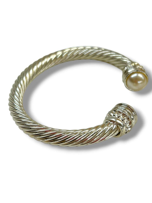 Silvertone Twisted Open Bangle Bracelet Faux Pearl Caps 2.7" Inside Diameter