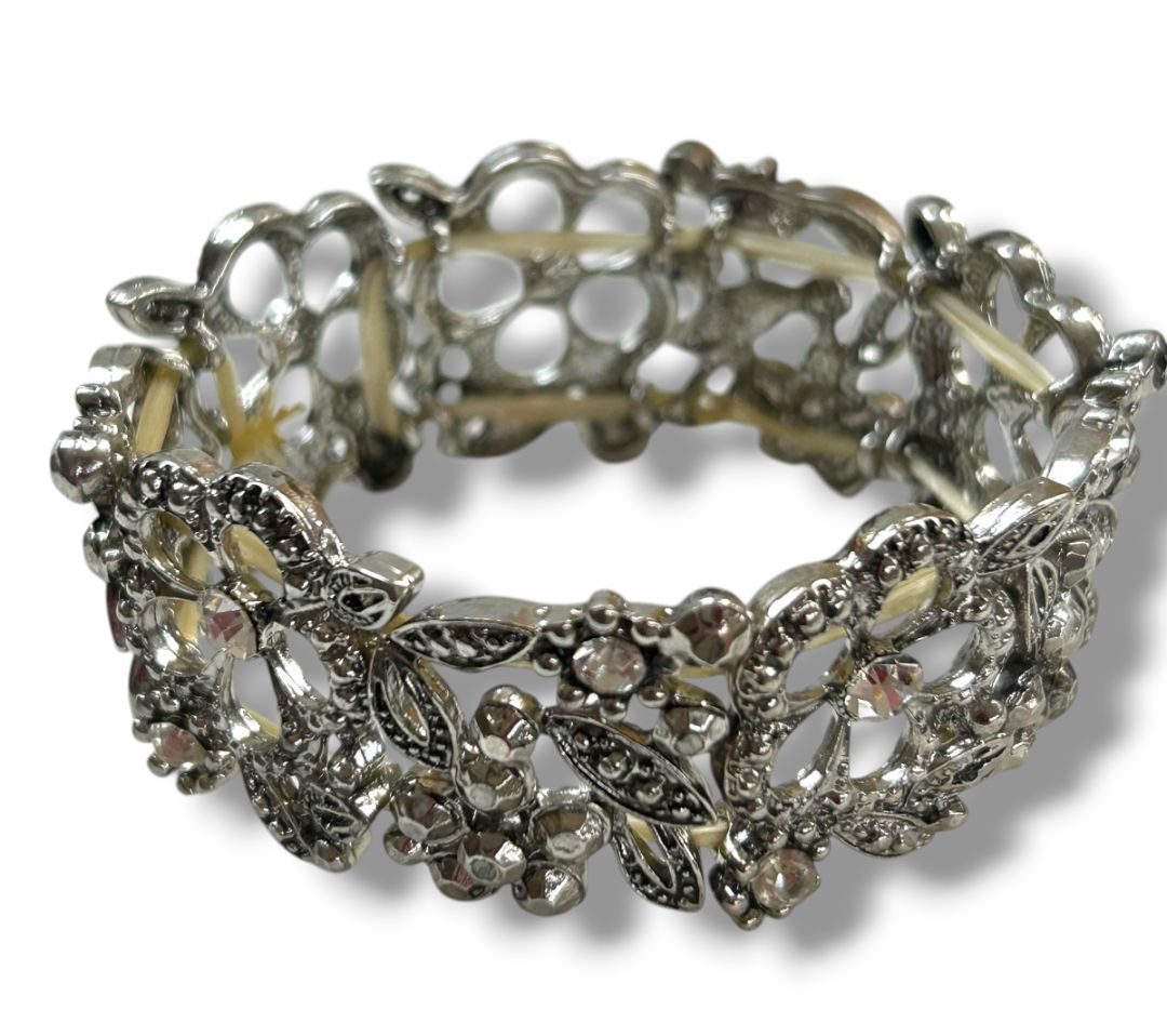 Silvertone Filigree Sparkle Stretch Bracelet Floral 1" Wide