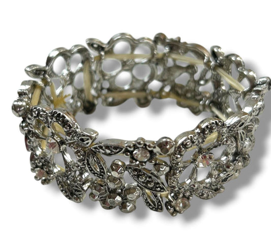 Silvertone Filigree Sparkle Stretch Bracelet Floral 1" Wide