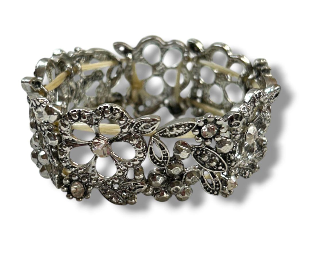 Silvertone Filigree Sparkle Stretch Bracelet Floral 1" Wide
