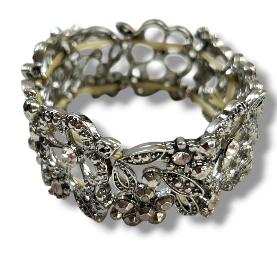 Silvertone Filigree Sparkle Stretch Bracelet Floral 1" Wide