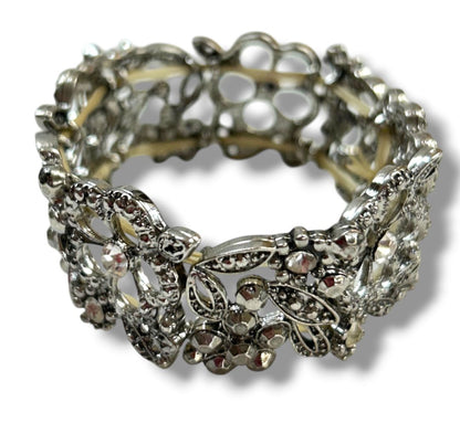 Silvertone Filigree Sparkle Stretch Bracelet Floral 1" Wide