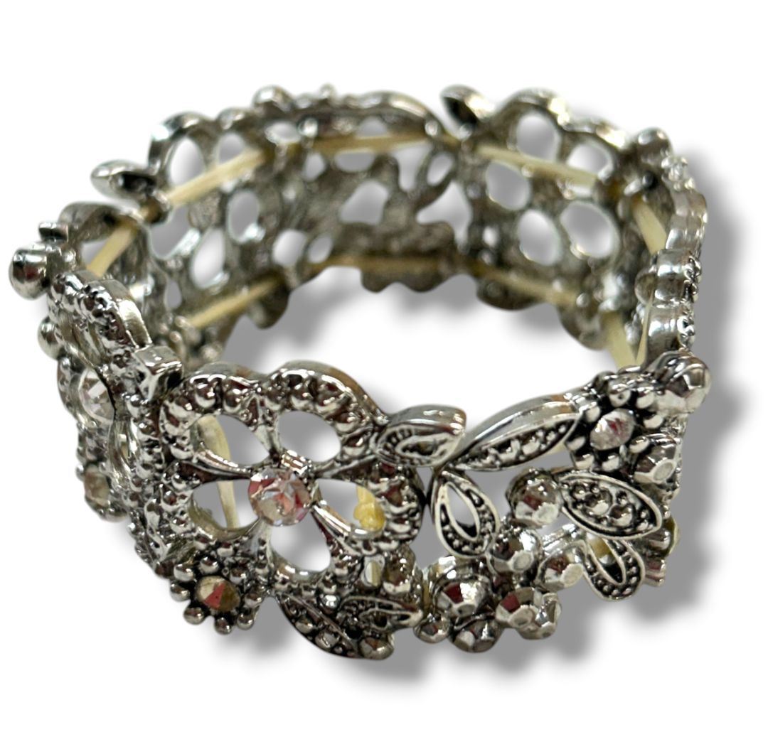 Silvertone Filigree Sparkle Stretch Bracelet Floral 1" Wide