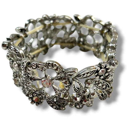 Silvertone Filigree Sparkle Stretch Bracelet Floral 1" Wide