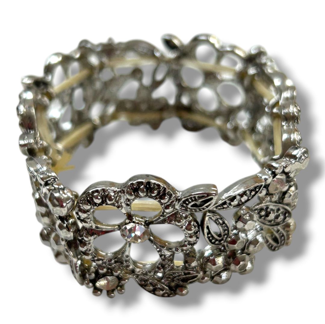Silvertone Filigree Sparkle Stretch Bracelet Floral 1" Wide