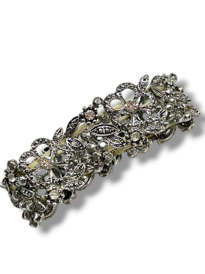 Silvertone Filigree Sparkle Stretch Bracelet Floral 1" Wide