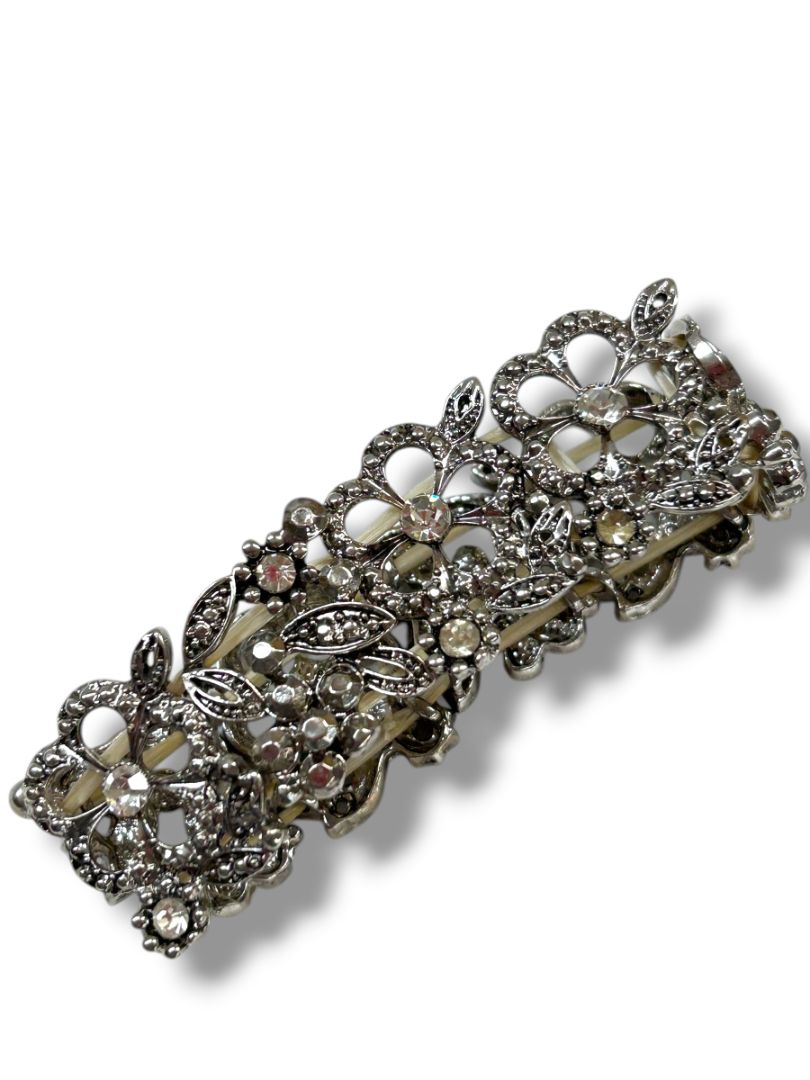 Silvertone Filigree Sparkle Stretch Bracelet Floral 1" Wide