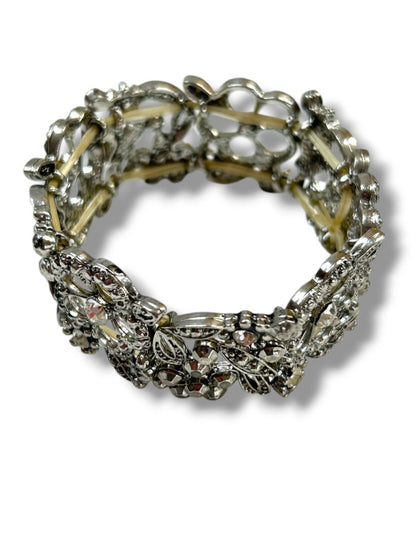 Silvertone Filigree Sparkle Stretch Bracelet Floral 1" Wide