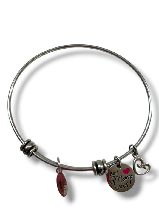 Best Mom Ever Adjustable Bangle Charm Bracelet Silvertone Heart