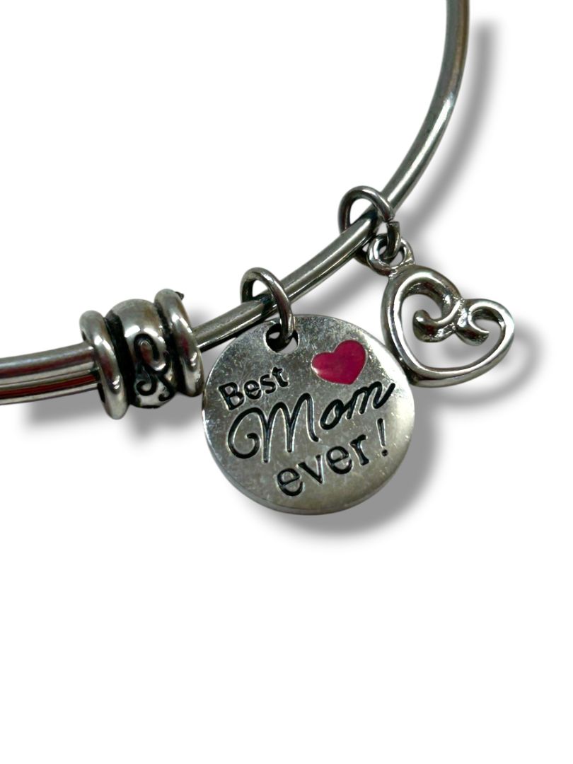 Best Mom Ever Adjustable Bangle Charm Bracelet Silvertone Heart