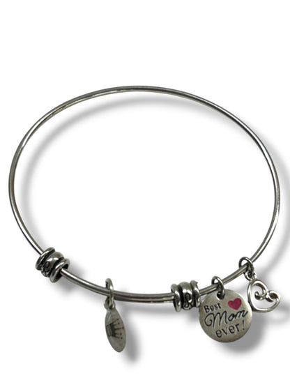 Best Mom Ever Adjustable Bangle Charm Bracelet Silvertone Heart