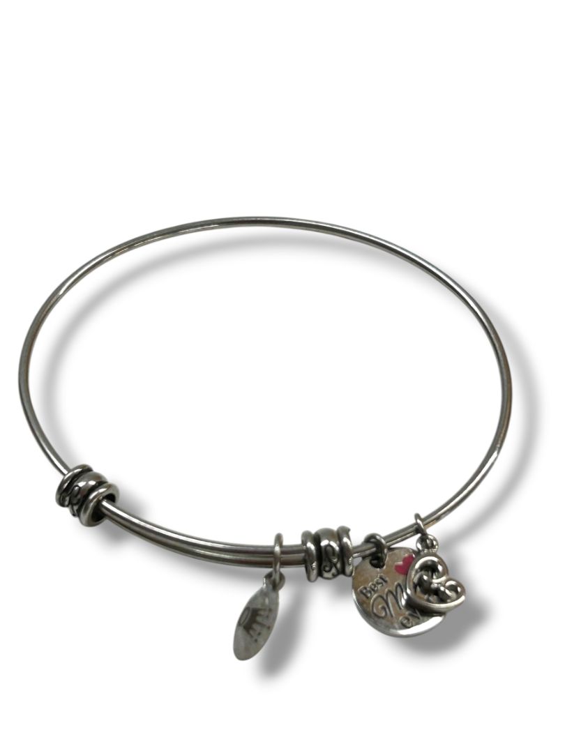 Best Mom Ever Adjustable Bangle Charm Bracelet Silvertone Heart