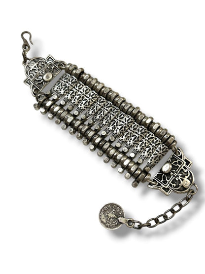 Vintage Turkish Silvertone Coin Link Bracelet Boho 7-8" Lobster Clasp