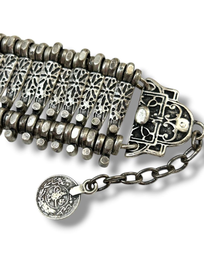 Vintage Turkish Silvertone Coin Link Bracelet Boho 7-8" Lobster Clasp