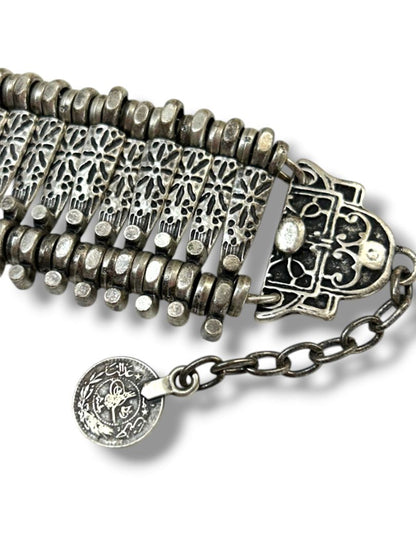 Vintage Turkish Silvertone Coin Link Bracelet Boho 7-8" Lobster Clasp