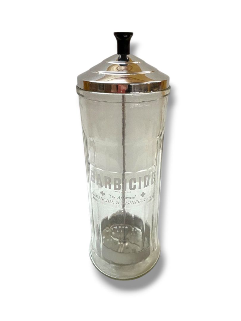 Vintage King Research Barbicide Disinfectant Glass Jar Container Salon Barber