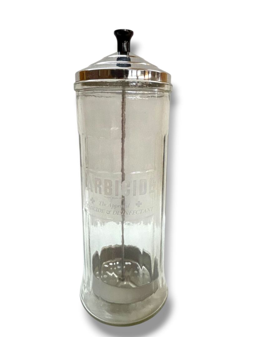 Vintage King Research Barbicide Disinfectant Glass Jar Container Salon Barber
