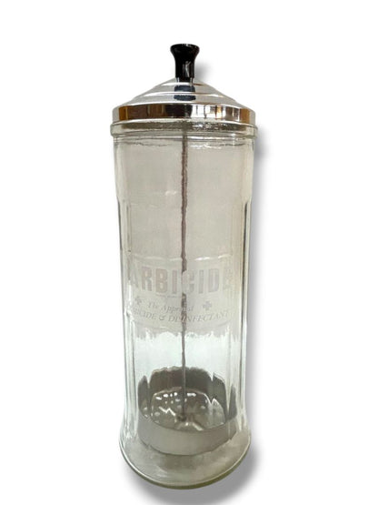 Vintage King Research Barbicide Disinfectant Glass Jar Container Salon Barber