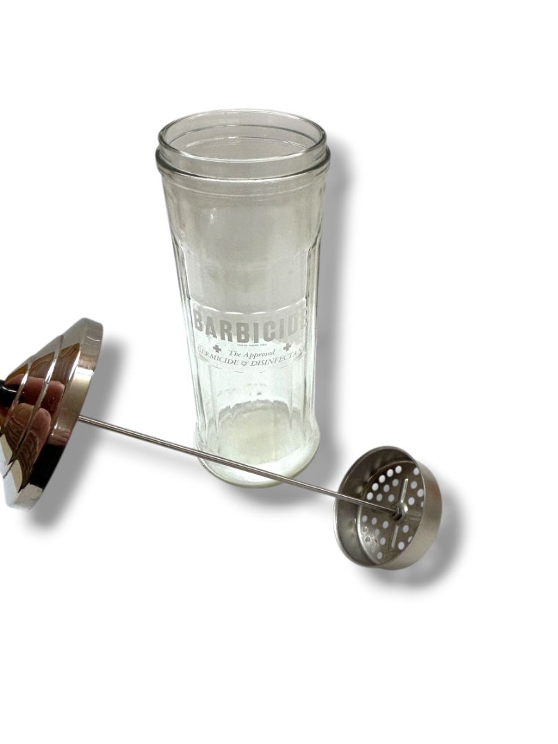 Vintage King Research Barbicide Disinfectant Glass Jar Container Salon Barber