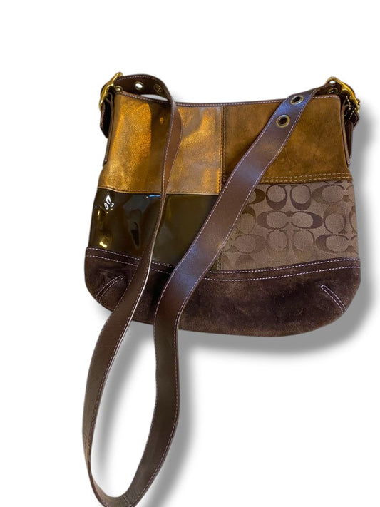 Vintage Coach Patchwork Brown Metallic and Suede Shoulder Bag F10421