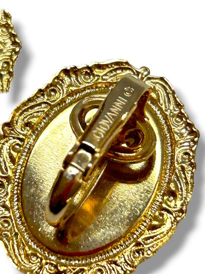 Vintage Signed Giovanni Goldtone Rose Print Clip On Non-Pierced Earrings 1"