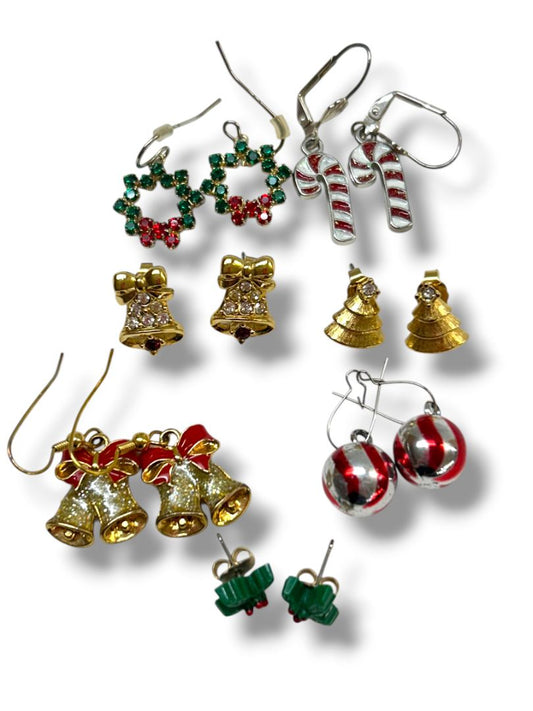 7 Pair Pierced Holiday Christmas Earrings Bells Wreath Candycane Mistletoe